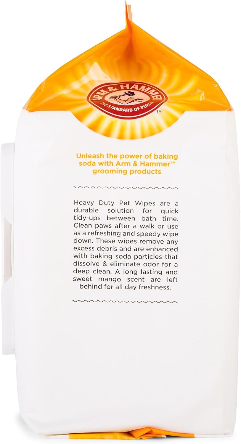 Baking soda infused pet wipes packaging showing one hundred count quantity.