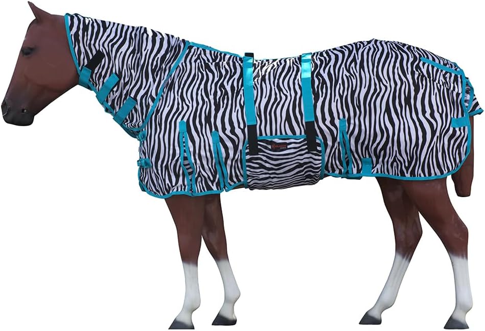 Hilason horse fly sheet white with turquoise straps front view