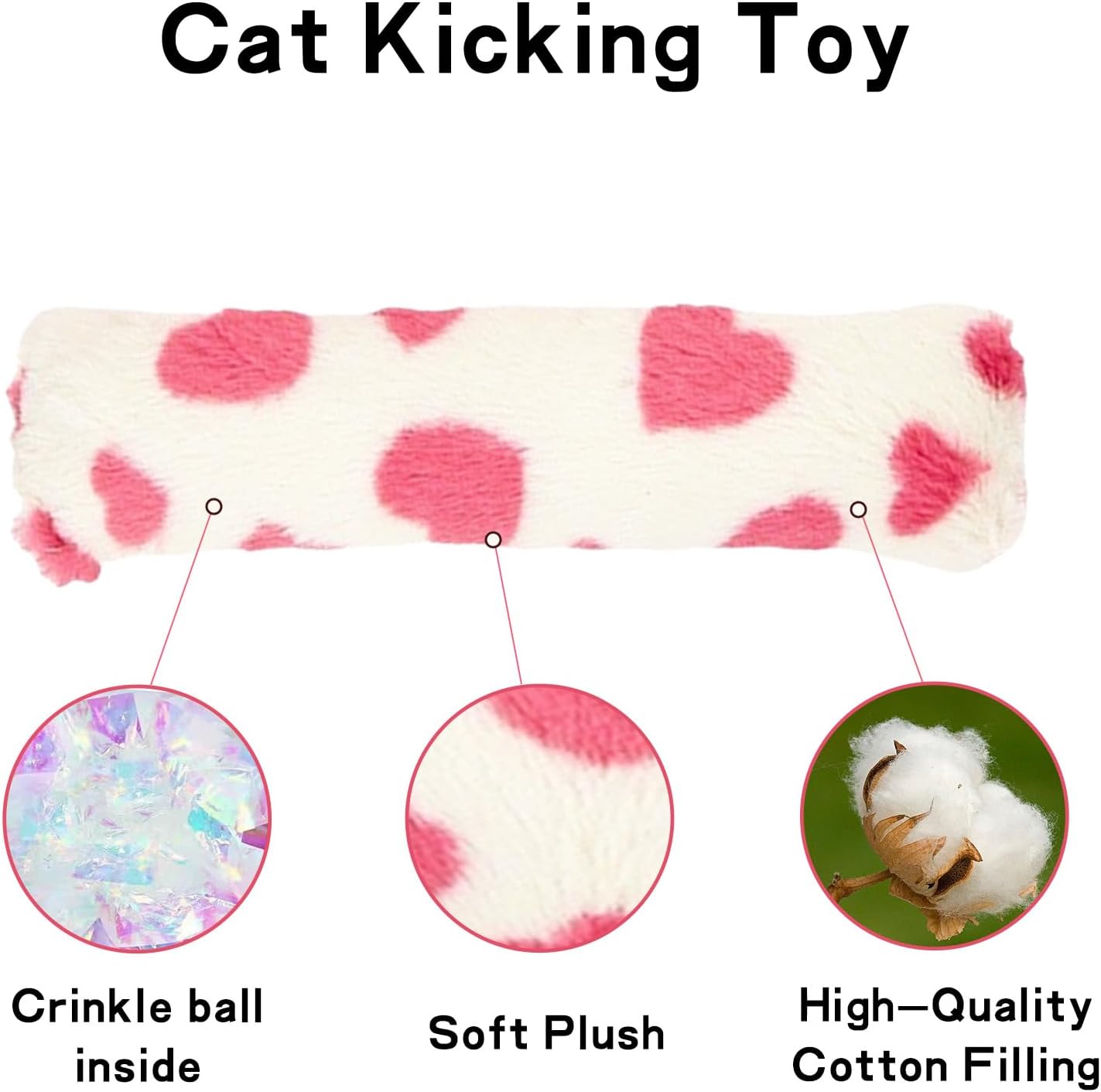 Close up of textured heart fabric on shuhauk crinkle cat kicker toy