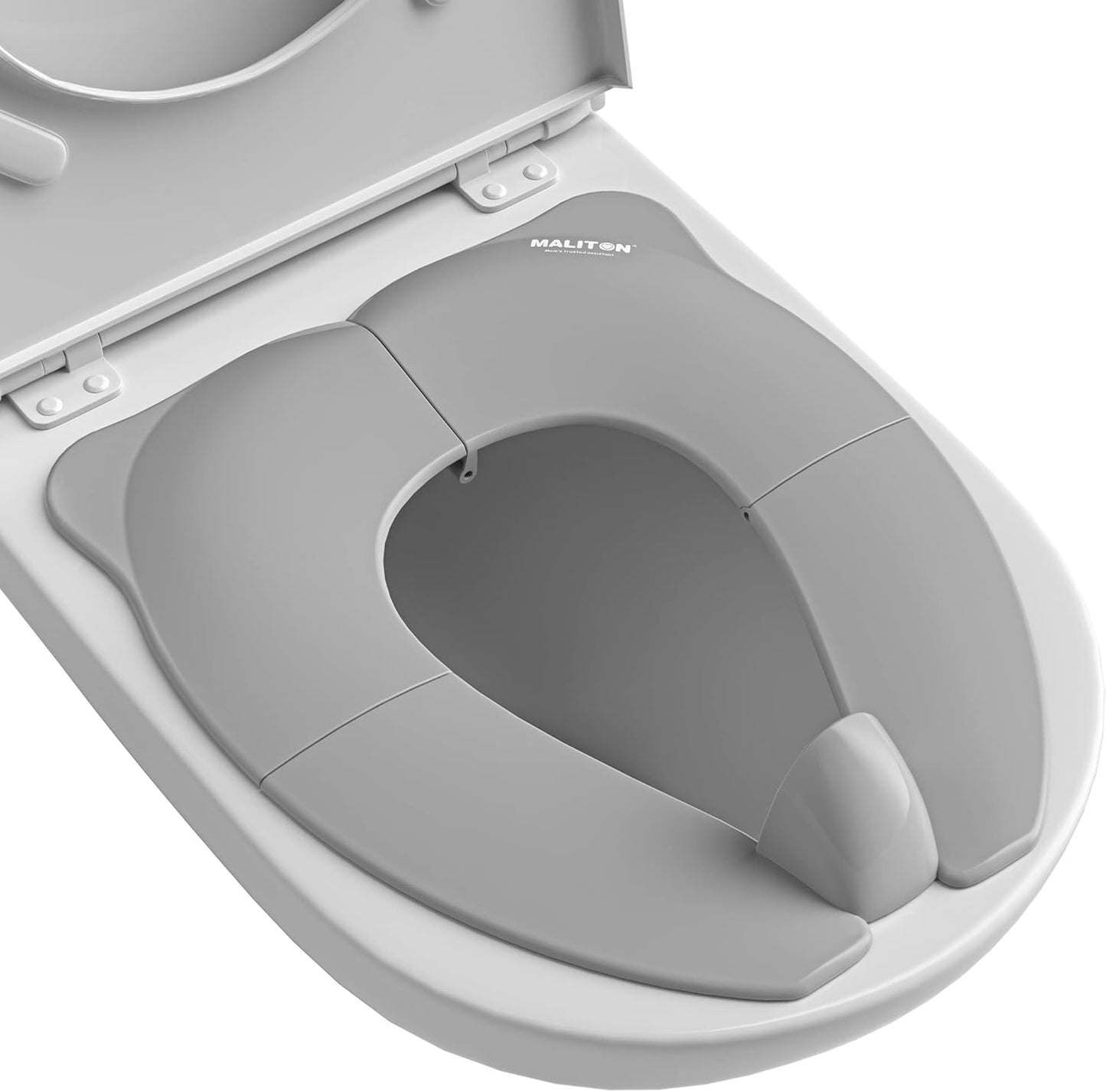 Maliton portable travel potty seat front view in grey color showing foldable joints.