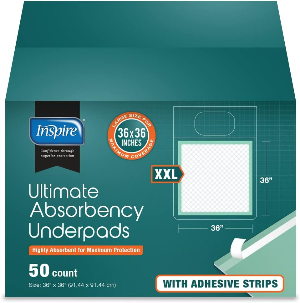 Inspire Super and Ultra Absorbent Disposable Bed Pads front view package showing fifty pack count for chronic incontinence care