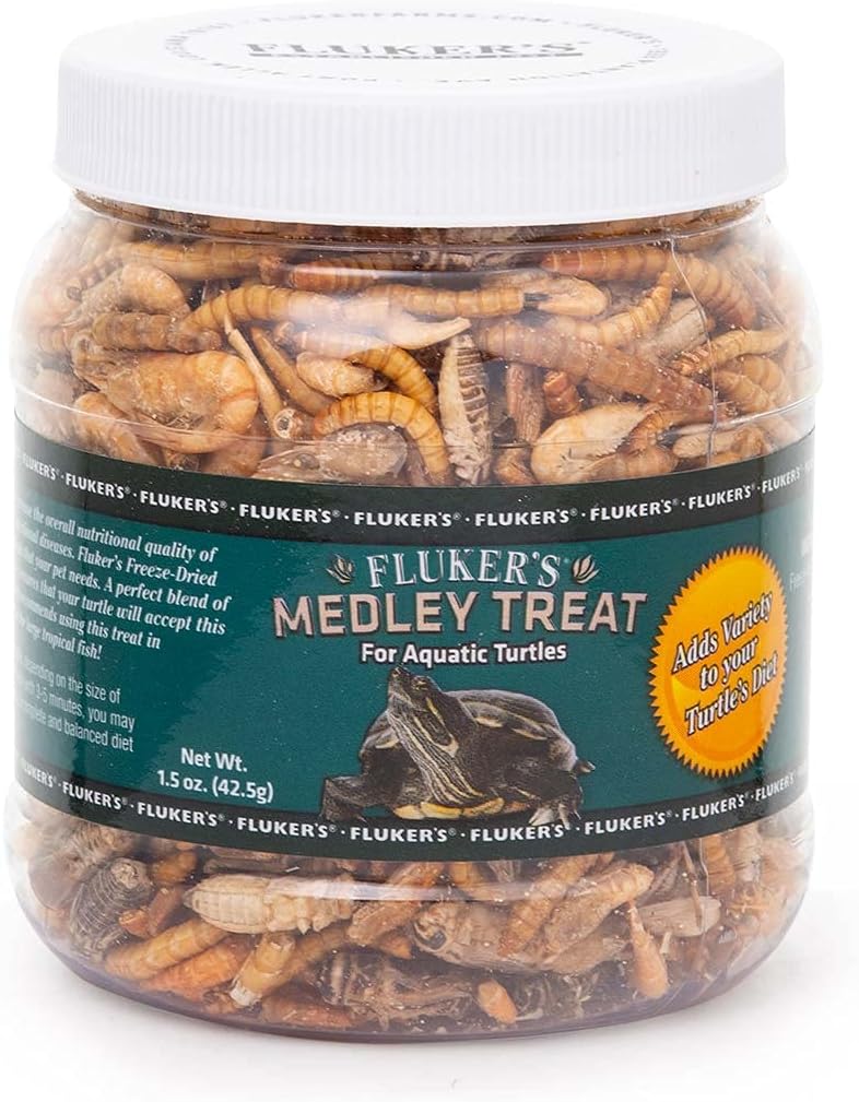Flukers Aquatic Turtle Medley Treat front view jar containing freeze dried reptile food
