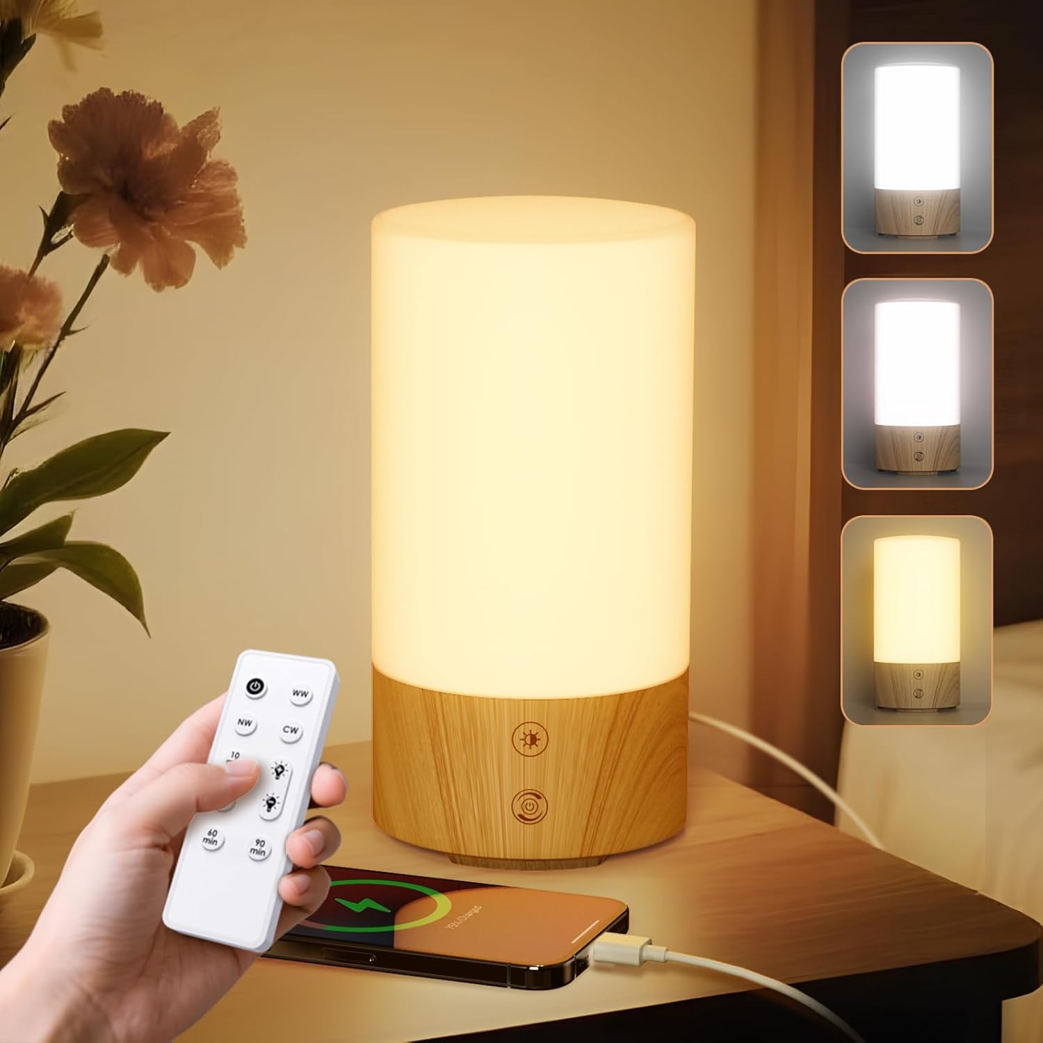 Geecent light therapy lamp front view showing the illuminated circular wood grain panel