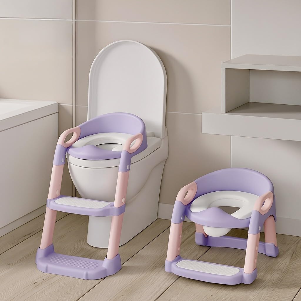 Generic 3-in-1 potty training seat front view with lavender mist step stool ladder attached to a western toilet.