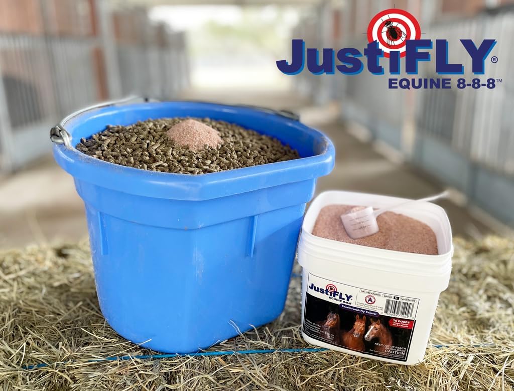 JustiFLY Equine unscented powder supplement for horse manure fly control.