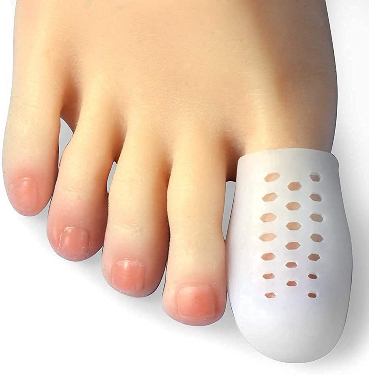 Hoogoo Big Toe Cap 10 pieces pack front view showing white gel protectors with ventilation holes.