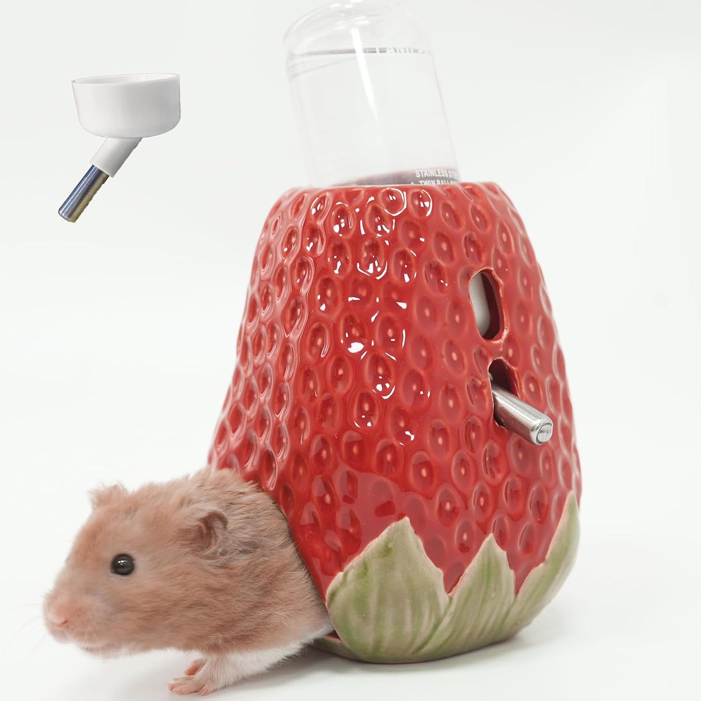 Hamster Water Bottle, Strawberry Ceramic Hamster Gerbil Water Bottle for Glass Tank, Dispenser, 80ML Bottle for Water Holder Stand with 2 No Drip Caps for Syrian Mice, GerbilPink - Image 8