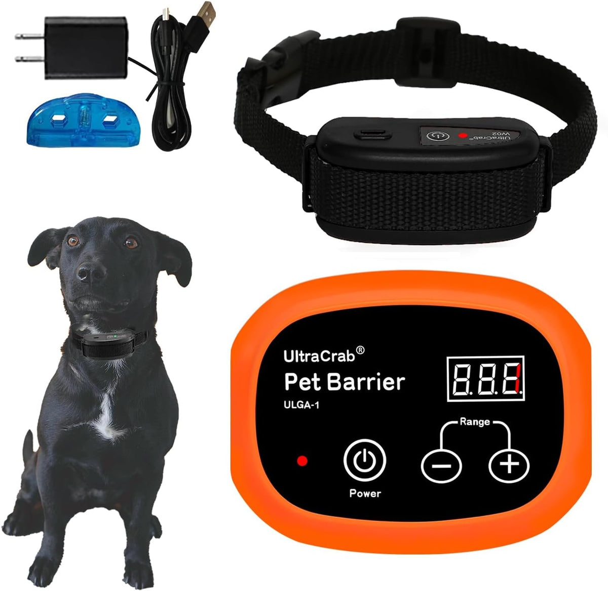 UltraCrab indoor pet barrier transmitter and collar front view showcasing the digital display screen.