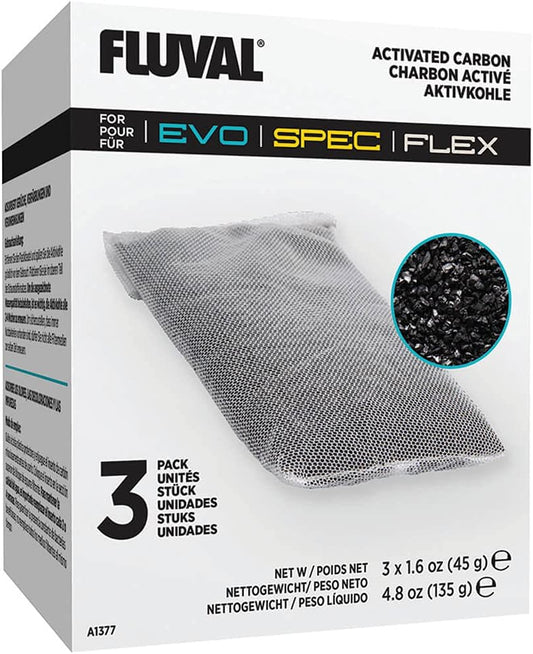 Fluval activated carbon replacement filter media three pack front packaging view for desktop aquariums