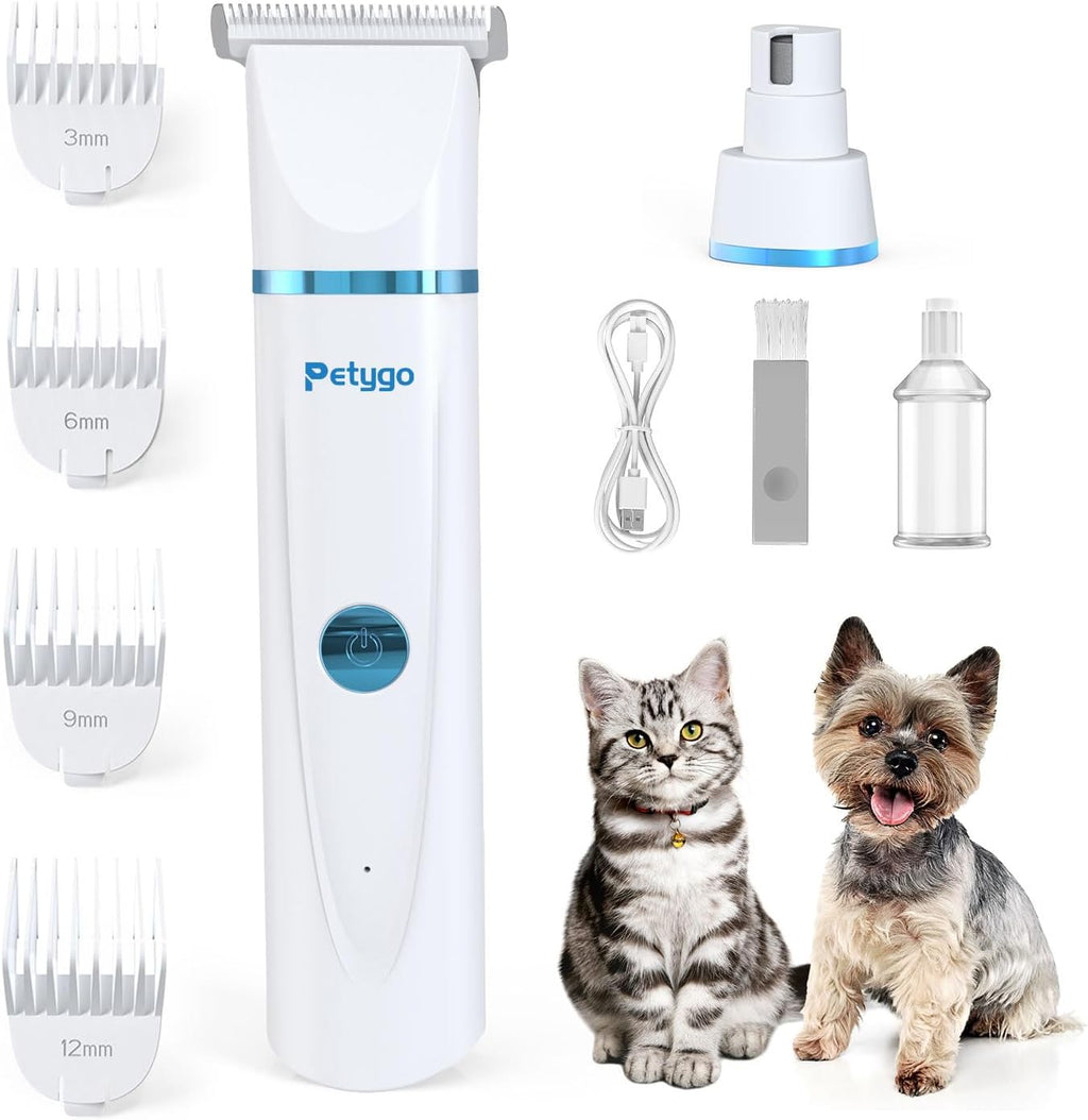 Petygo 2-in-1 pet grooming kit front view showing the white cordless trimmer tool.