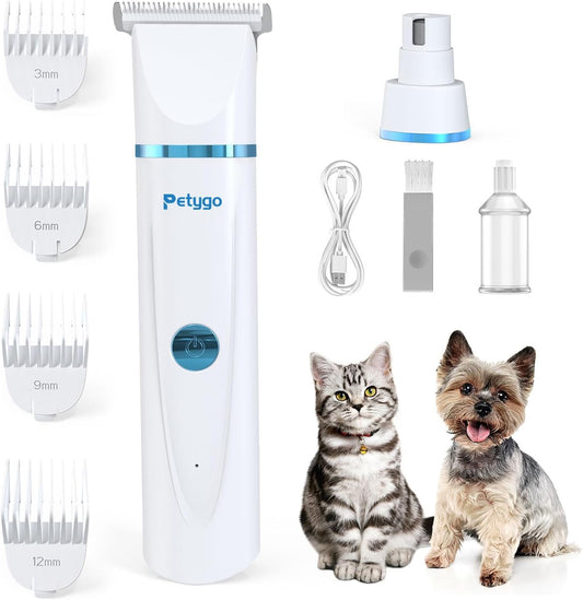 Petygo 2-in-1 pet grooming kit front view showing the white cordless trimmer tool.