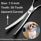 Moontay upward curved pet thinning shears close up view of the thirty-five texturizing teeth.