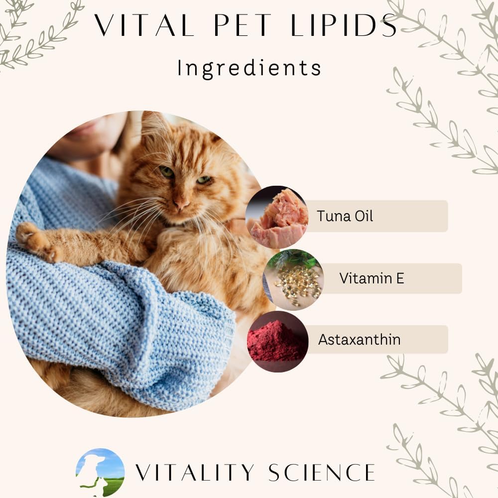 Back label of Vitality Science Vital Pet Lipids showing tuna oil and astaxanthin ingredients list