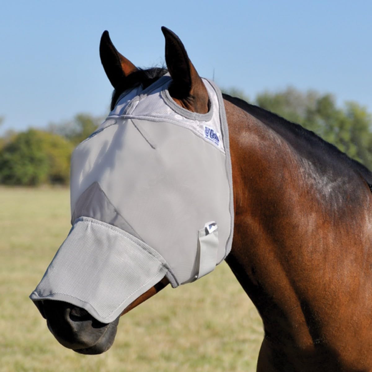 Cashel Crusader long nose fly mask front view for horse protection.