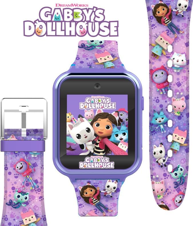 Accutime purple smart watch toy for toddlers showcasing the built-in selfie camera lens.