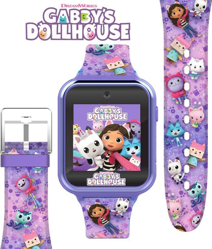 Accutime purple smart watch toy for toddlers showcasing the built-in selfie camera lens.