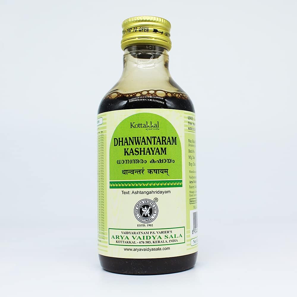 Kottakkal Arya Vaidya Sala Dhanvantaram Kashayam 200ml bottle front view for joint pain relief.