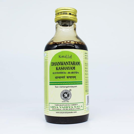 Kottakkal Arya Vaidya Sala Dhanvantaram Kashayam 200ml bottle front view for joint pain relief.