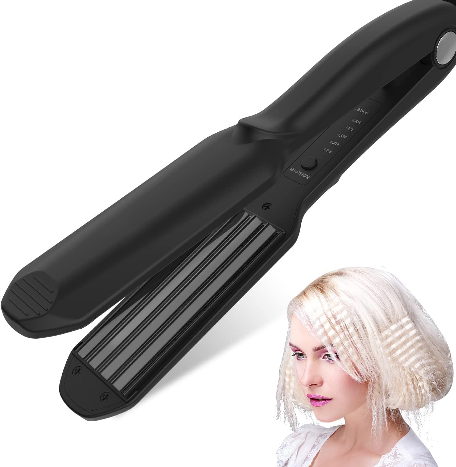 Sm liters beauty hair crimper front view displaying titanium ceramic plates.