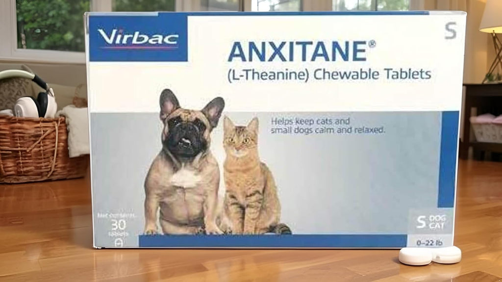 Authentic USA imported Virbac Anxitane packaging detailing stress relief benefits
