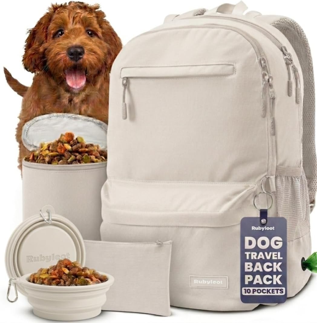 Dog Travel Bag for Supplies - Complete Dog Diaper Bag Backpack with 2 BPA-Free Travel Bowls, Treat Pouch, Food Container, Placemat & Laptop Sleeve - for Traveling, Road Trips, Hiking: Black-Paw Print - Image 9