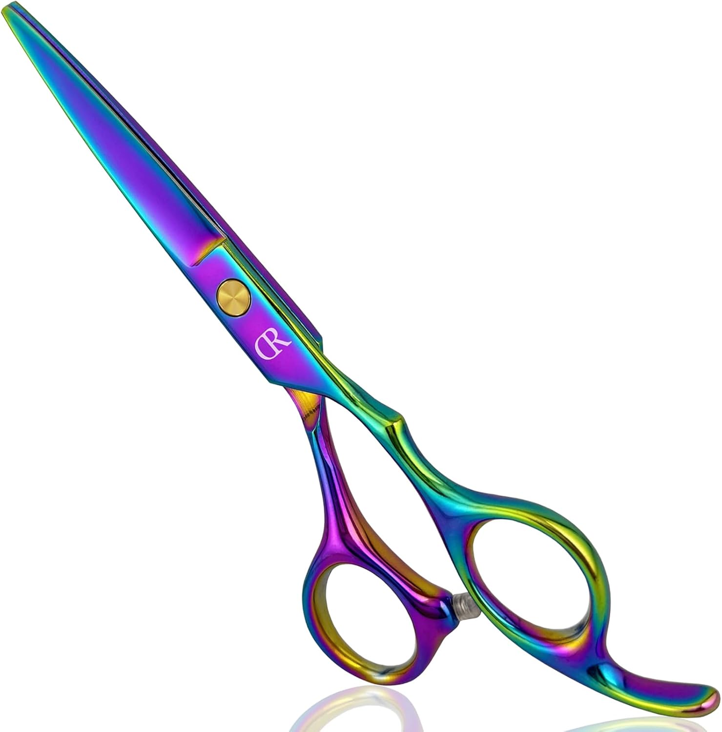 JAVENPROLIU professional hair cutting shears front view showcasing the sharp blades and rainbow finish.