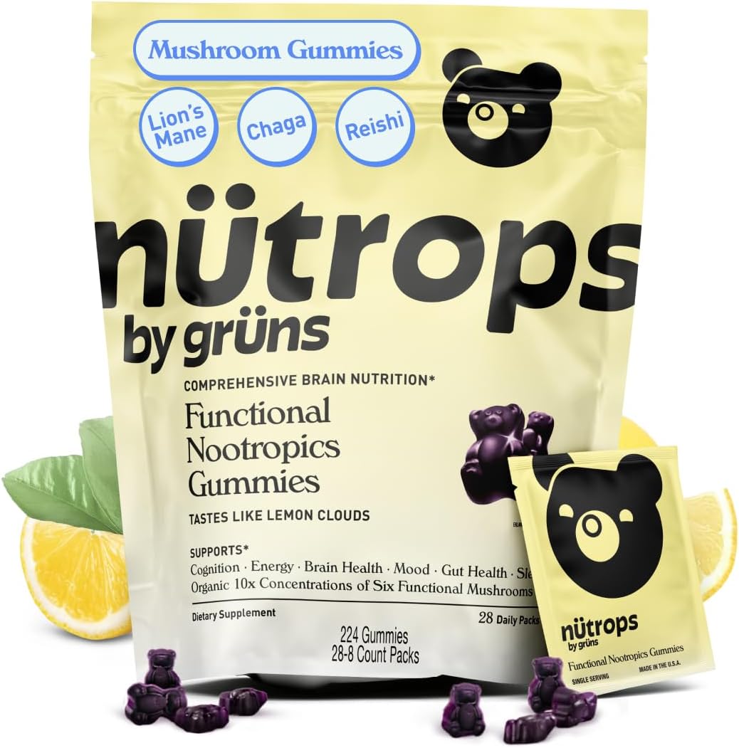GrÃ¼ns Nutrops Lions Mane Mushroom Gummies front view of the main packaging box.