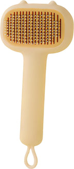 One push button mechanism on pet deshedding brush for easy hair disposal.