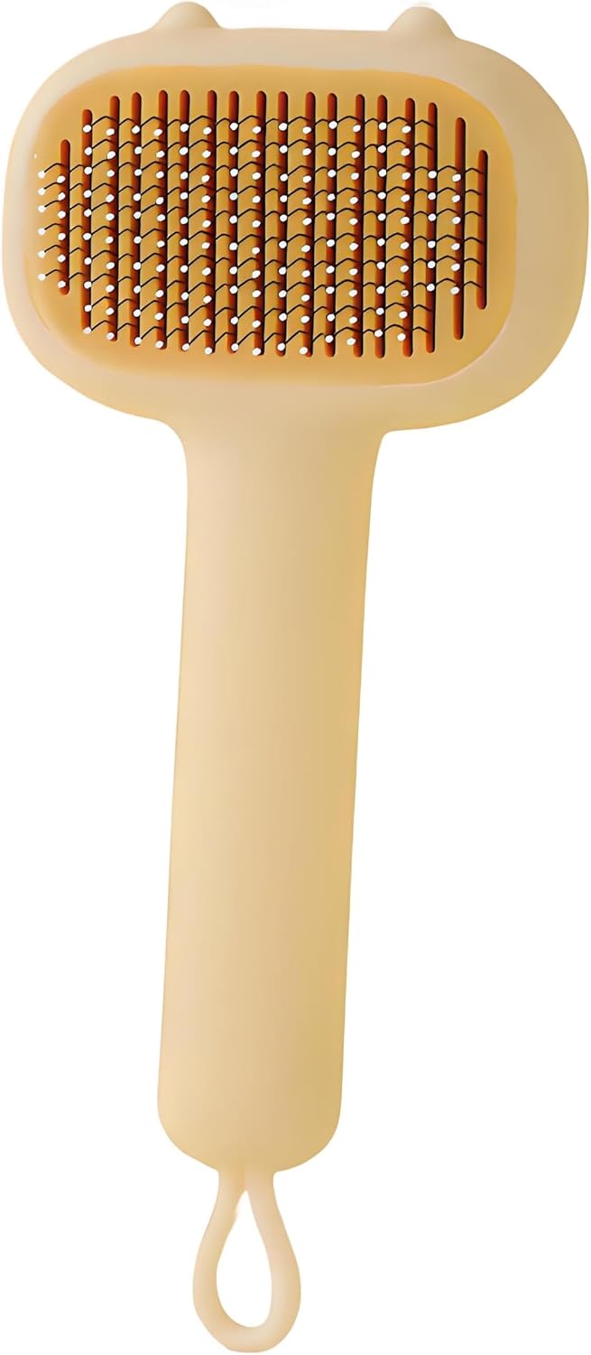 One push button mechanism on pet deshedding brush for easy hair disposal.