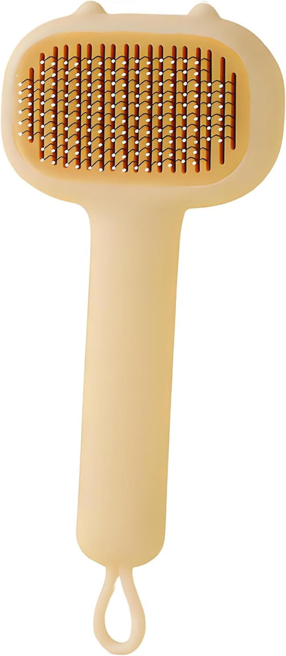 One push button mechanism on pet deshedding brush for easy hair disposal.