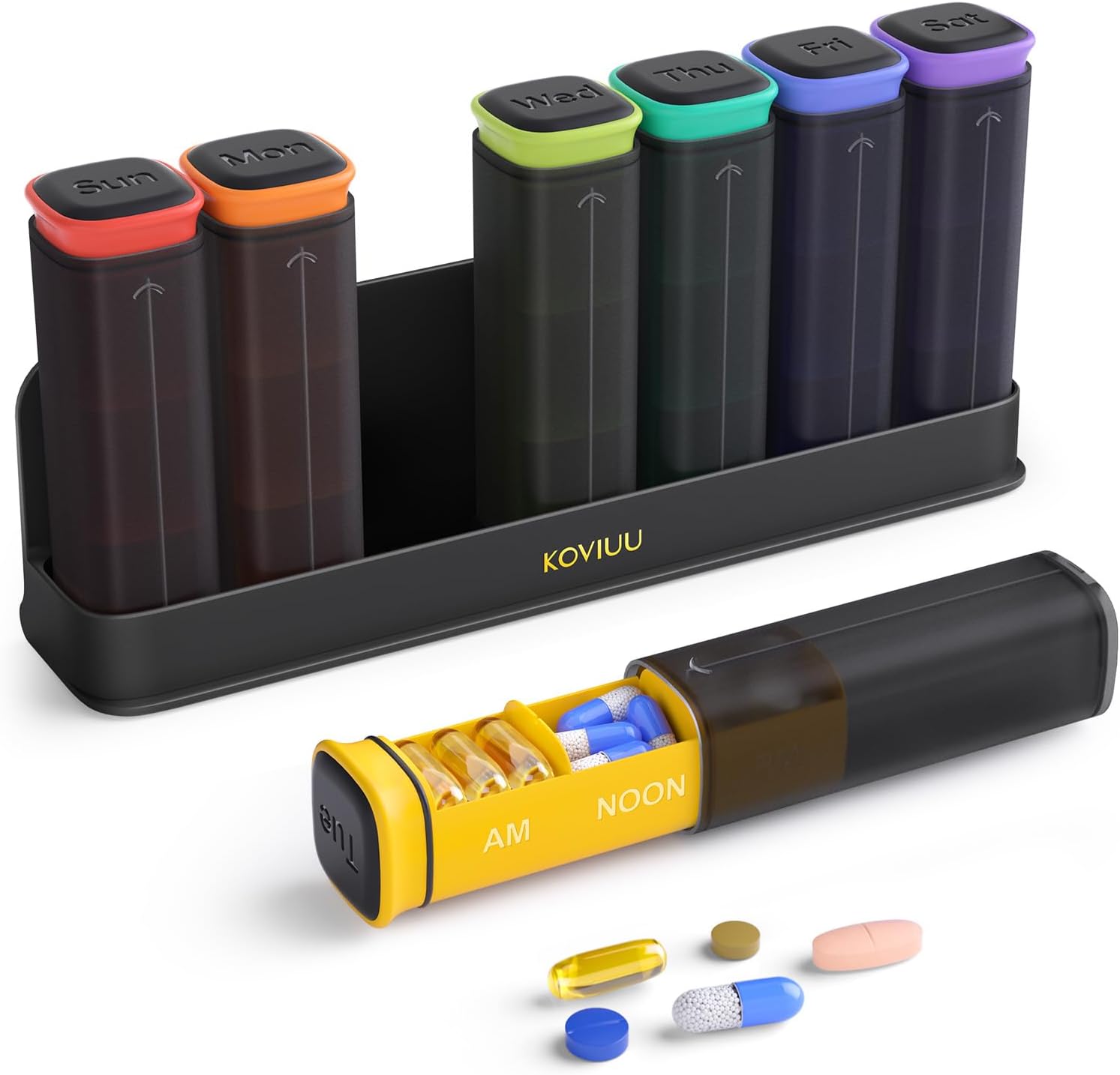 KOVIUU weekly pill organizer front view showing three times a day compartments