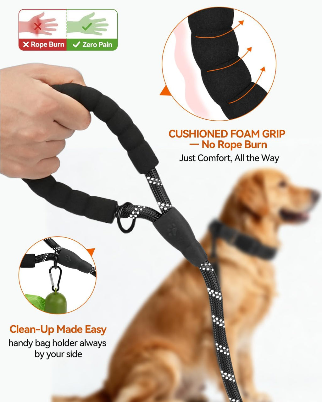Joytale reflective pet walking leash with attached poop bag dispenser
