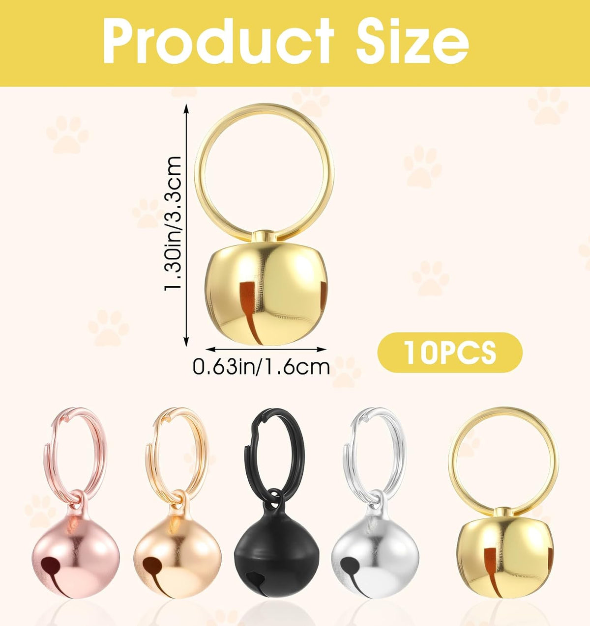 Close up of half inch pet jingle bells with secure split ring attachments