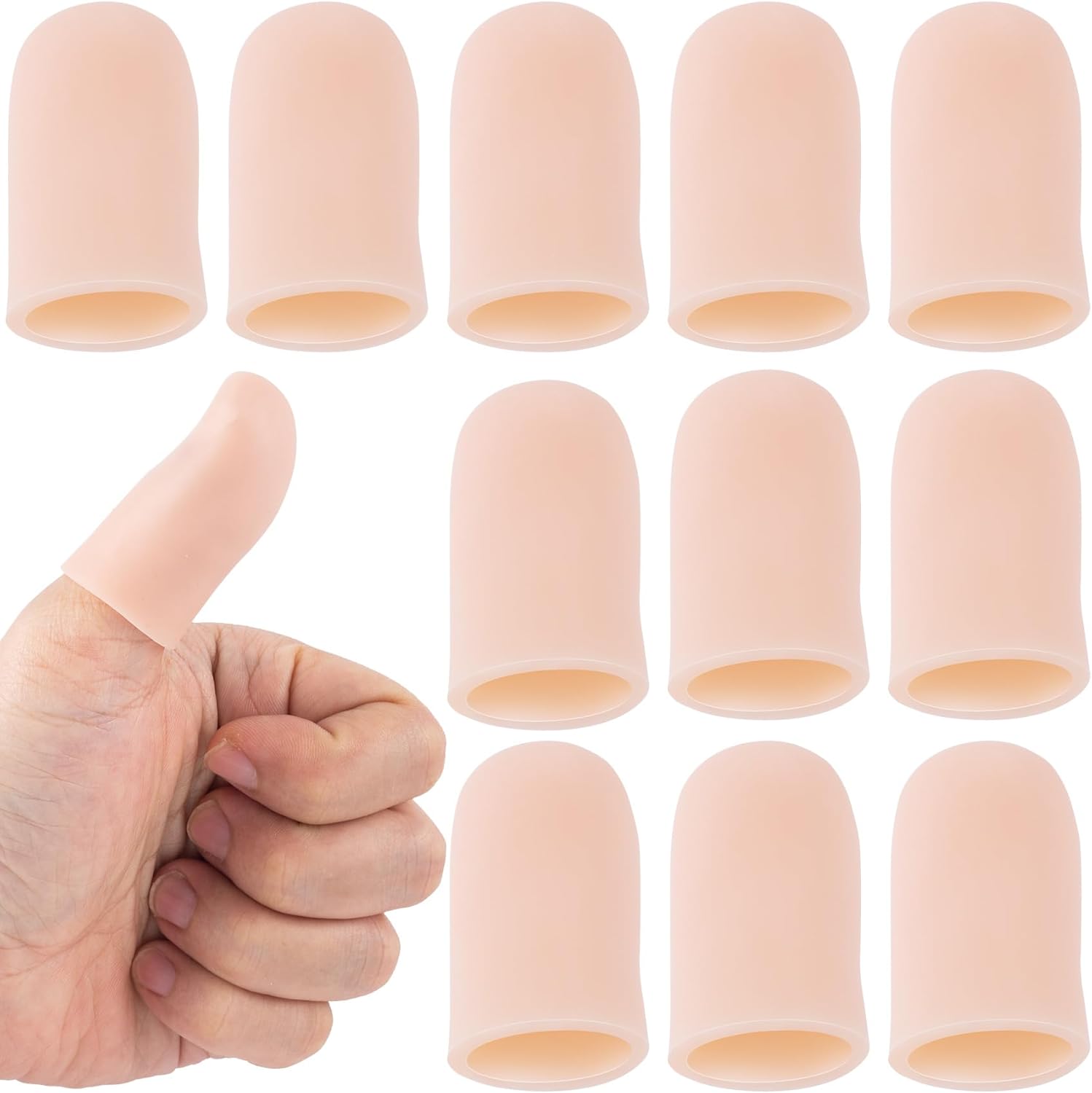 PAGOW 10 Pieces Gel Finger Cots front view pack of beige silicone finger protectors for hand care.