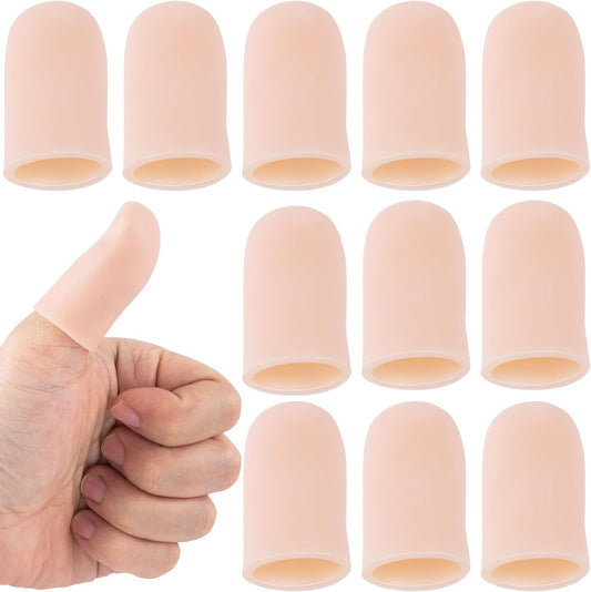 PAGOW 10 Pieces Gel Finger Cots front view pack of beige silicone finger protectors for hand care.