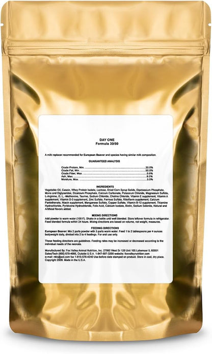 Fox Valley Beaver milk replacer powder packaging highlighting nutritional values