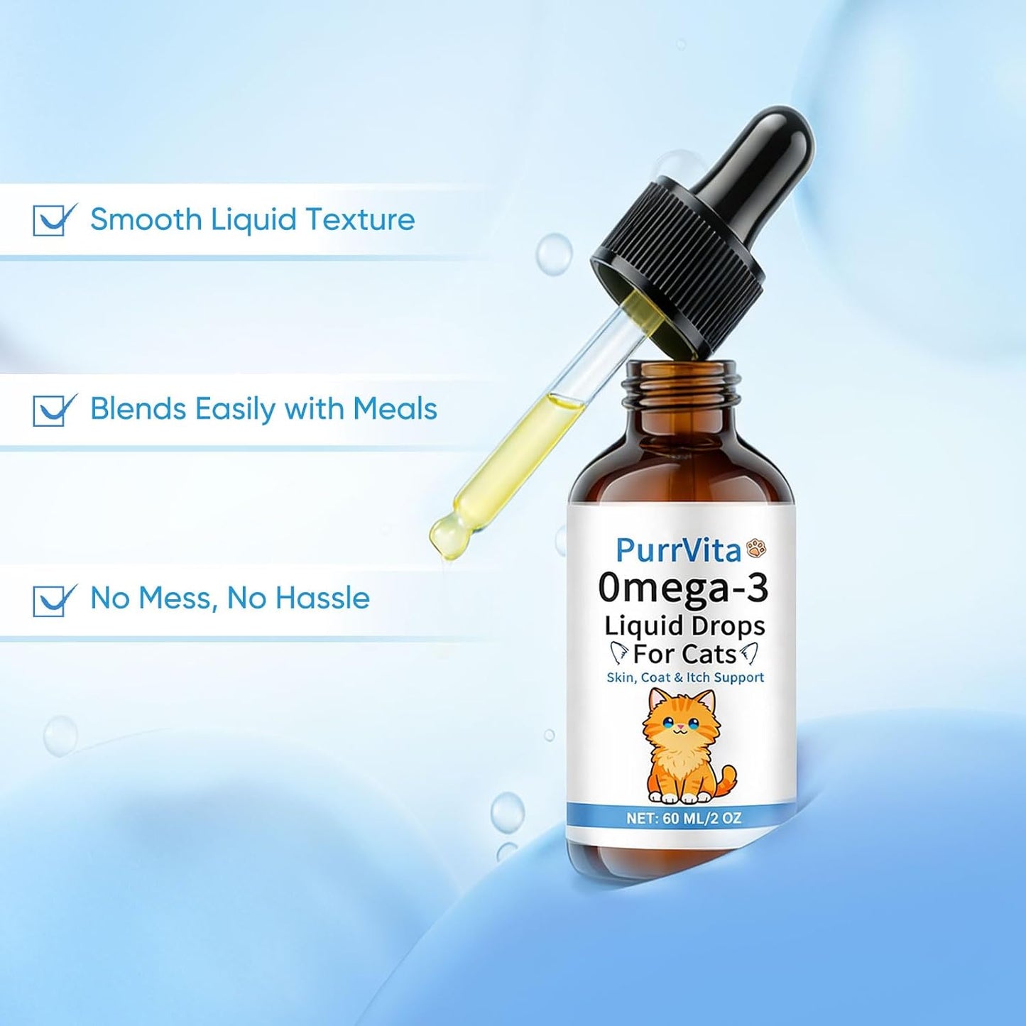 Back label detailing instructions and active ingredients of the feline wellness drops.