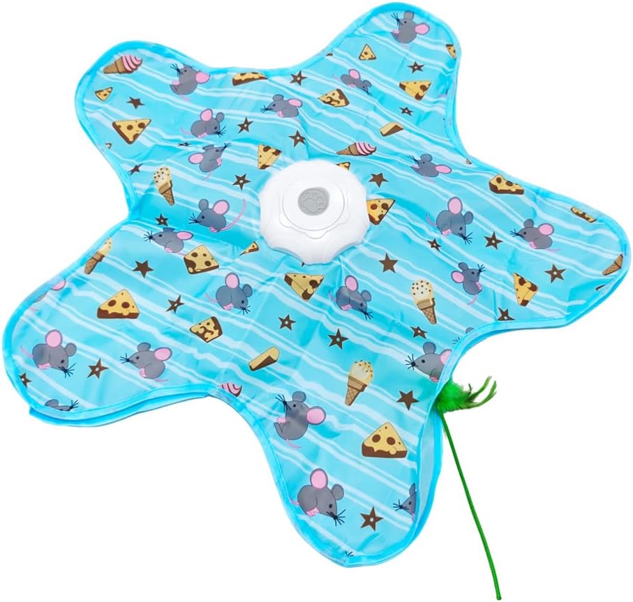OpriQ automatic hide and seek cat toy with the fabric cover partially lifted to reveal the rotating feather wand.
