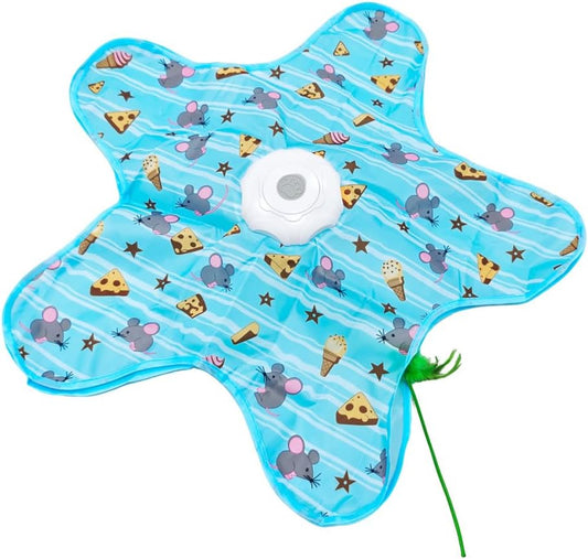 OpriQ automatic hide and seek cat toy with the fabric cover partially lifted to reveal the rotating feather wand.