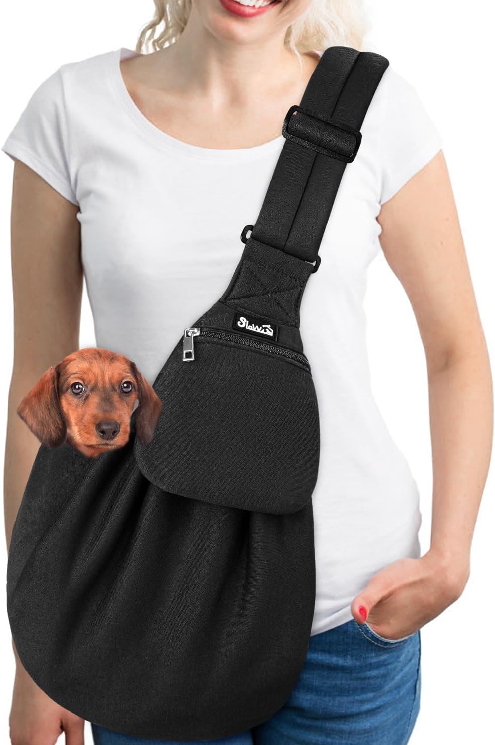 SlowTon Dog Carrier Sling - Thick Padded Shoulder Strap Adjustable Dog Carriers for Small Dogs, Puppy Carrier Purse for Pet Cat with Front Zipper Pocket Safety Belt Machine Washable (Grey L) - Image 10