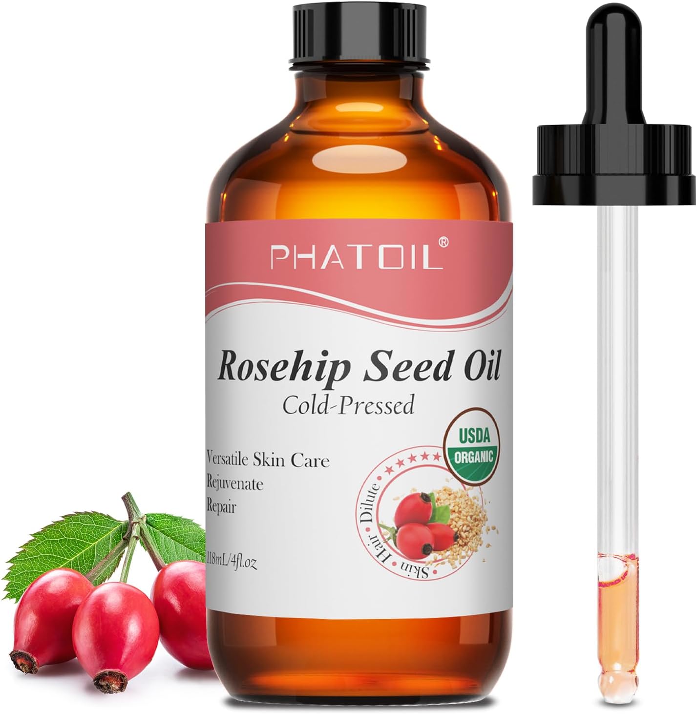 PHATOIL Organic Rosehip Seed Oil bottle front view for organic facial care