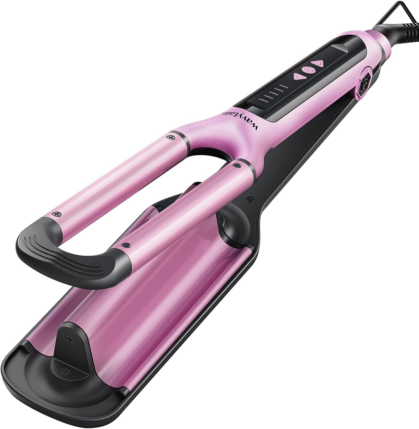 Wavytalk Beach Waves Curling Iron front view showing pink triple barrels