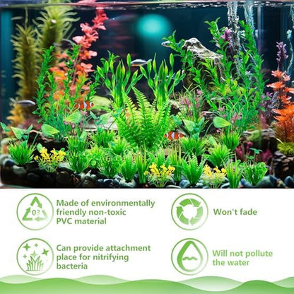 Diverse pack of twenty six green artificial plants for multi layered aquascaping