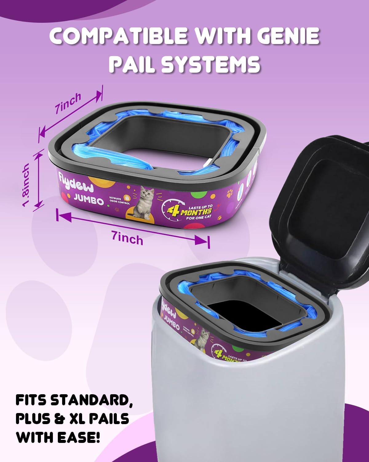 Flydew pet genie refill cartridge installation process illustration.