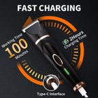 Ergonomic cordless pet trimmer handle showing power switch and sleek rose gold accents.