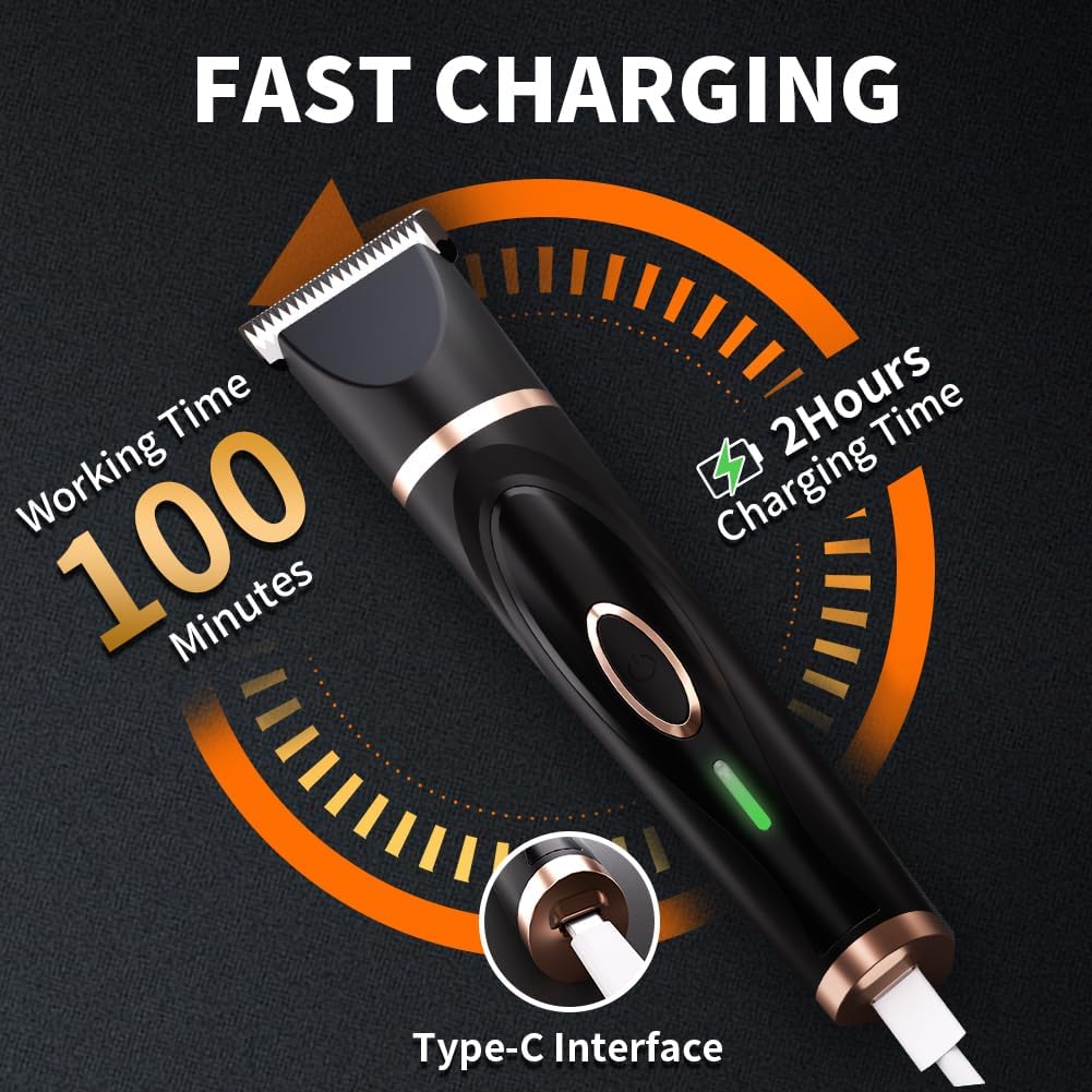 Ergonomic cordless pet trimmer handle showing power switch and sleek rose gold accents.