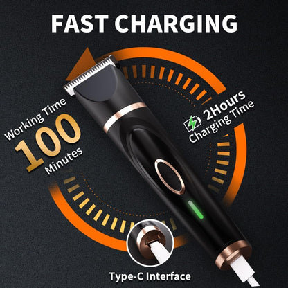Ergonomic cordless pet trimmer handle showing power switch and sleek rose gold accents.
