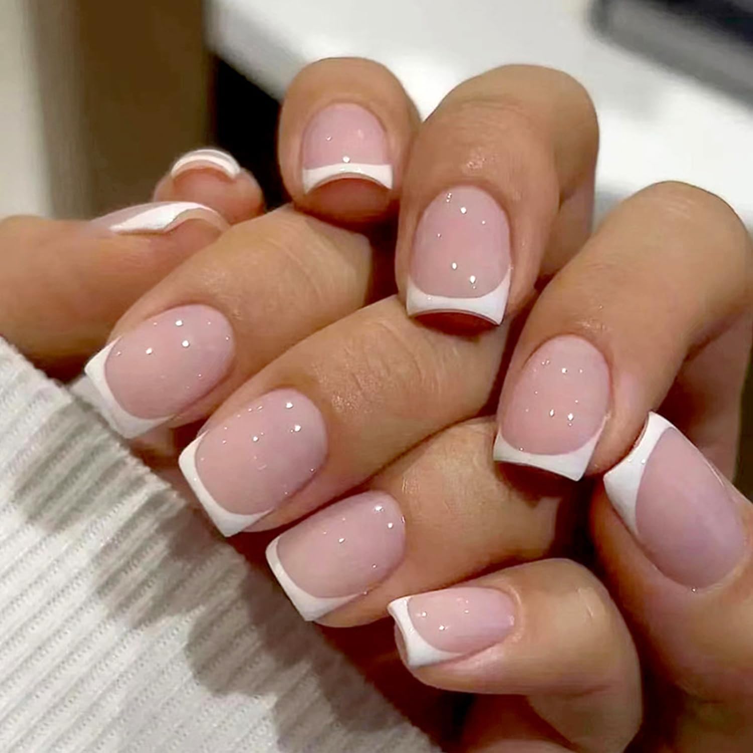 Nailfy White French Glossy Pink Short Square Press On Nails front view