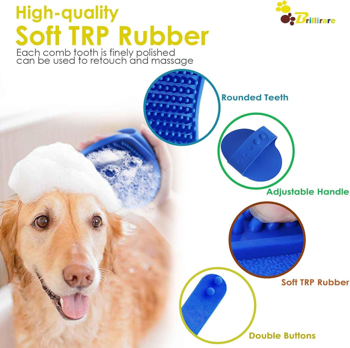 Silicone dog bath scrubber for wet and dry fur cleaning.