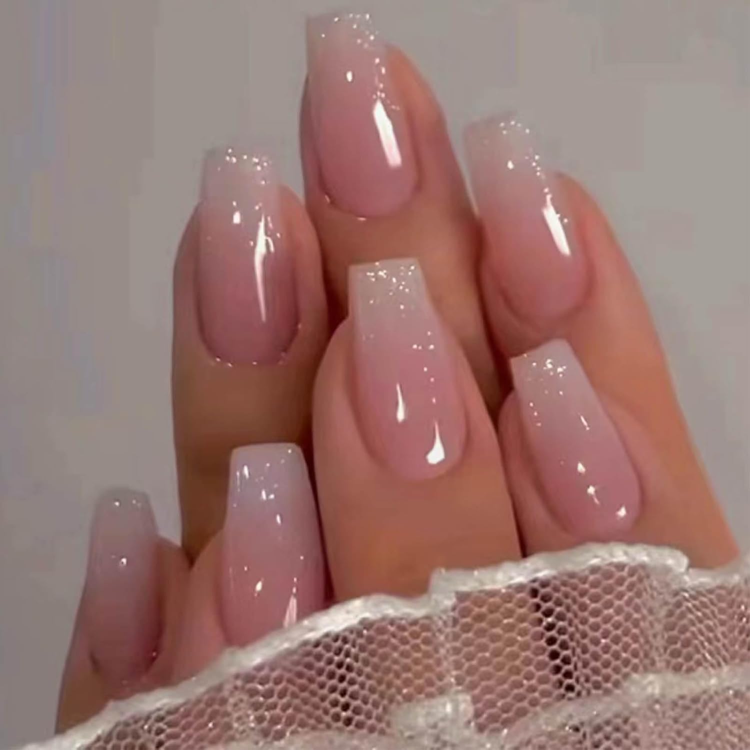 Polish Me Pretty Hkanlre Bling Coffin Press On Nails pink gradient front view